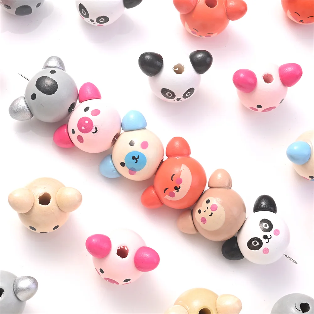 10 Stück niedliche Holzperlen im Cartoon-Tier-Stil, Bärenperlen und große Lochperlen für die Schmuckherstellung, DIY-Perlenstift, gemischte Verpackung – Detail 5