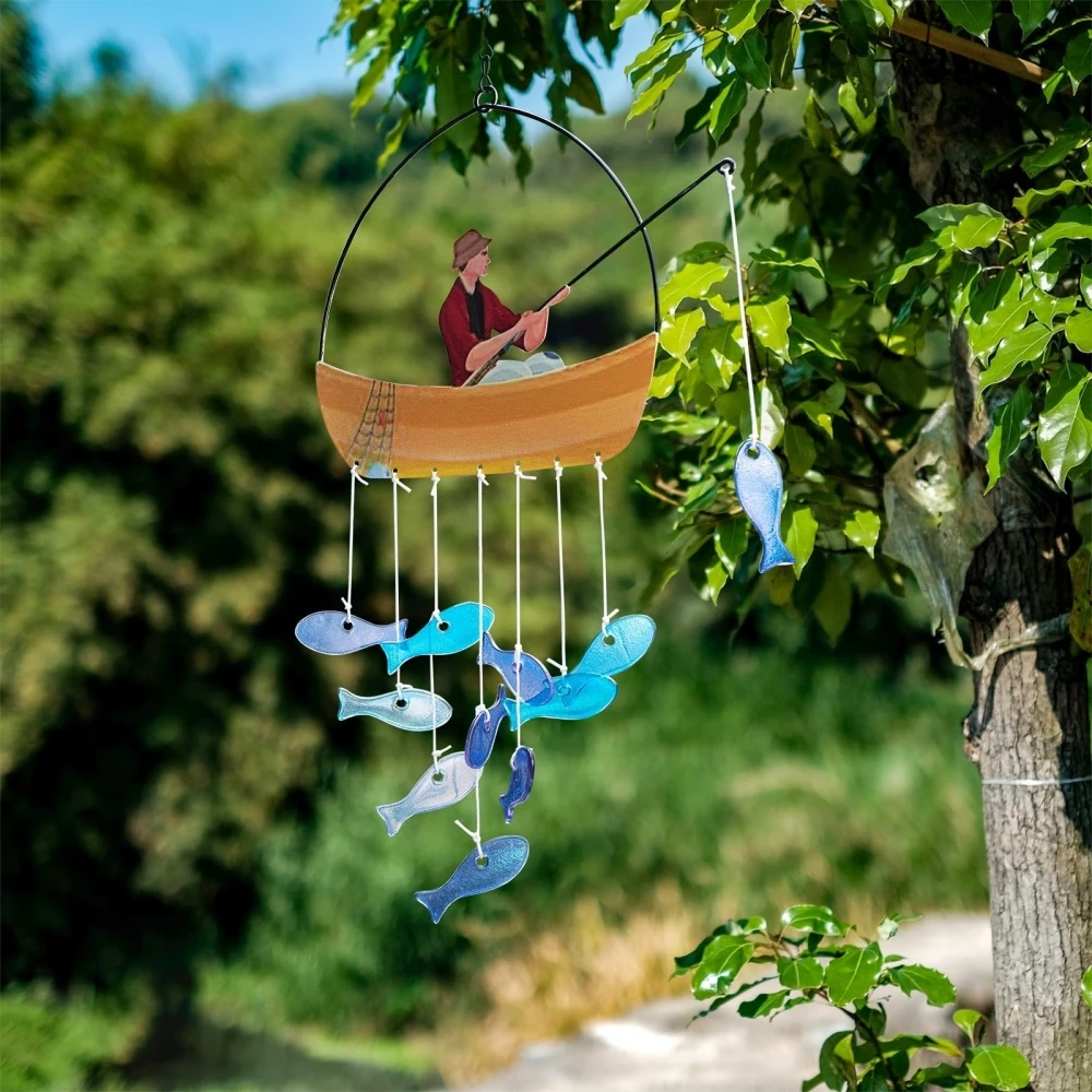 Fishing Wind Chimes for Outside Blue Sea Glass Wind Chimes Garden Decor Windchimes Outdoors Suncatcher Gift for Women, Mom