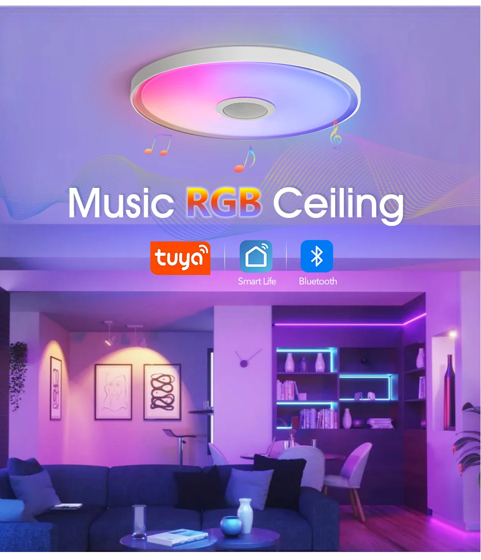 MING&BEN TUYA Smart RGB-Deckenleuchte, LED-Musikleuchte mit Lautsprecher, Dimmer, APP-Fernbedienung, Deckenleuchte für Schlafzimmer, Heimdekoration – Detail 1