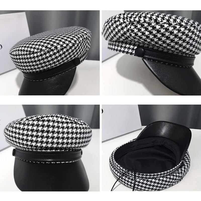 Fashion Octagonal Cap for Women Plaid leather Visors Newsboy Cap New Vintage Autumn Winter Berets Ladies Hat 3 colors