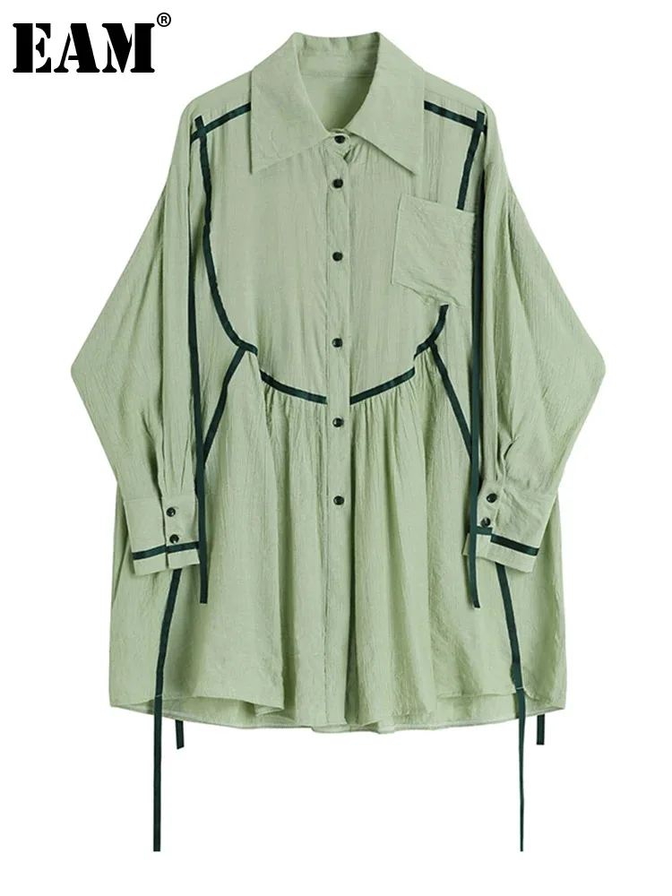 

[EAM] Women Green Color-block Pleated Ribbons Big Size Shirt Dress New Lapel Long Sleeve Fashion Tide Spring Autumn 2024 1DH6149
