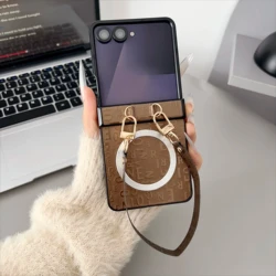 Leather Magnetic Case with Wrist Strap and Shockproof Hinge Protection - Galaxy Z Flip5 (Brown)