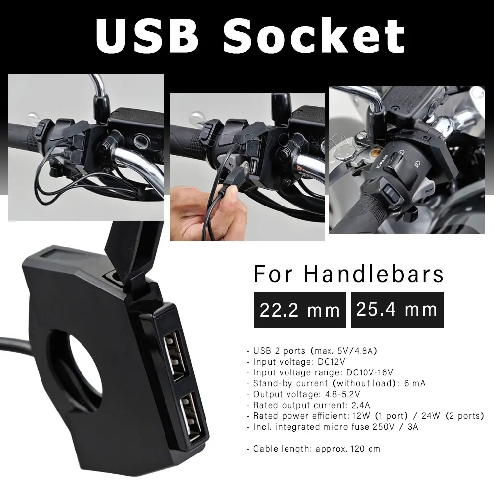 Dual USB Charger Plug Socket Adapter For Motorcycle 22.2-25.4mm Handlebars For BMW For YAMAHA For HONDA For SUZUKI Accessories motorcycle mirror handle bar end rearview side mirrors 7 822mm universal for yamaha for honda for bmw for suzuki