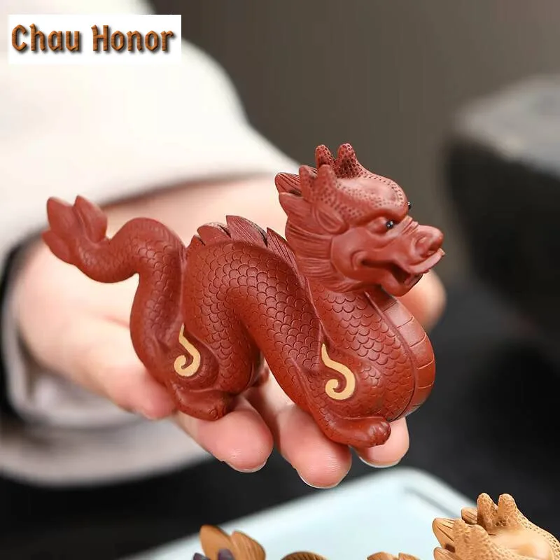 Yixing Purple Clay Tea Pet Lucky Zodiac Dargon Statue Ornaments Handmade Tea Figurine Crafts Chinese Zisha Tea Set Decoration