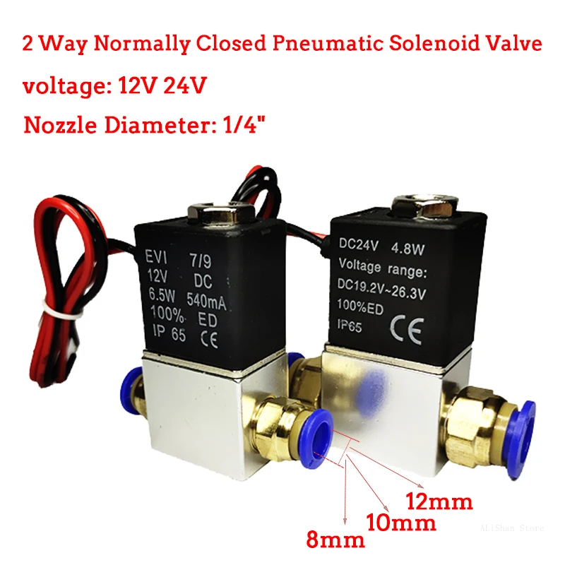 

DC 12V 24V Normally Closed Solenoid Valve 2-Way 1/4" Direct-acting Pneumatic Water Air Gas Flow Valve Response Quick Connector