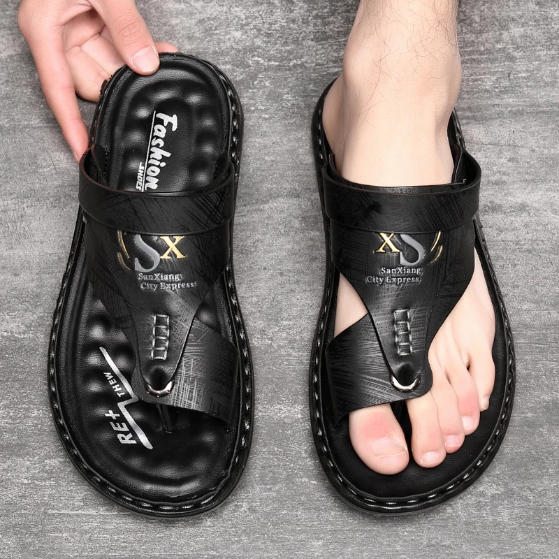 Leather Sandals Men's Summer Soft soled Anti slip Beach Flip-flops Casual Outwear
