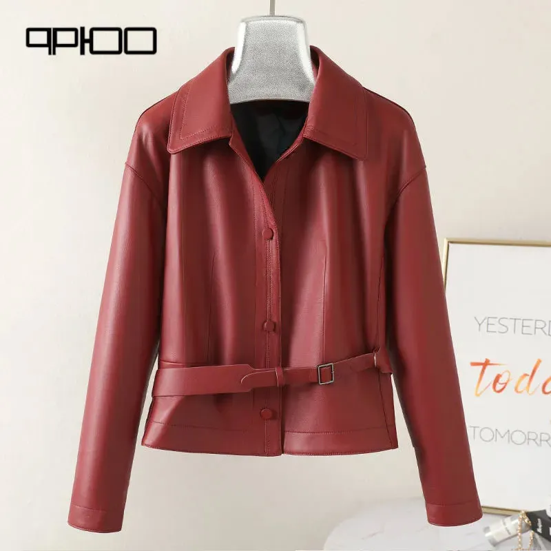 2023 Spring and Autumn new simple leather short leather women loose lace waist slim vintage sheep coat