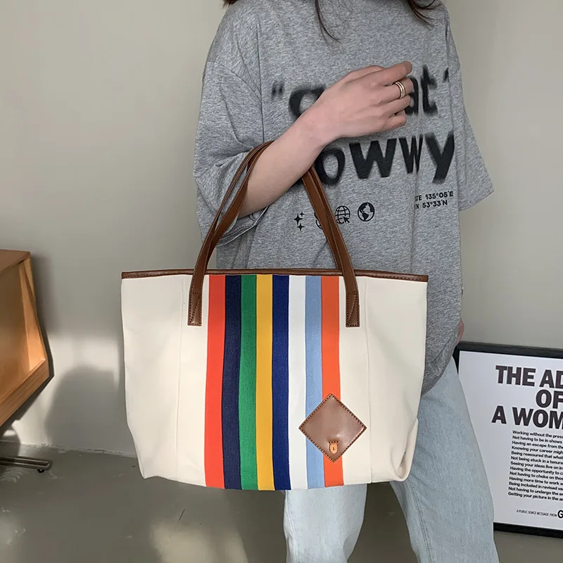 

Casual Rainbow Canvas Women Handbag Colorful Large Capacity Tote Bag Big Lady Shoulder Bag Hobos Female Shopper Bag 2022 Summer
