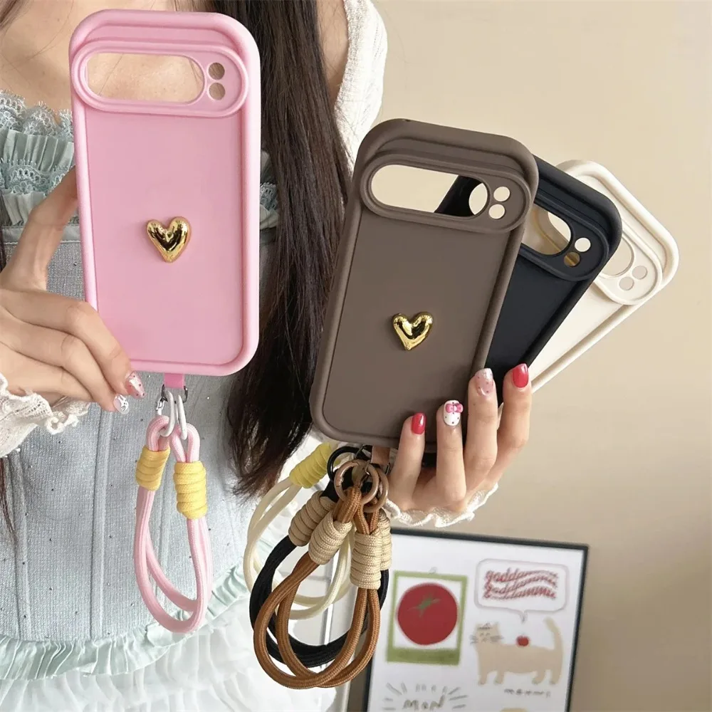 Silicone Soft Phone Case with 3D Gold Heart Love Rope Wrist Strap Lanyard - Shockproof Cover