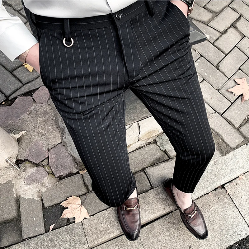 Stretch Pants Suit Pants Men Pants Men's Suit Pants Dress Pants Stretch Slim Straight Black Striped Formal Ankle Trouser