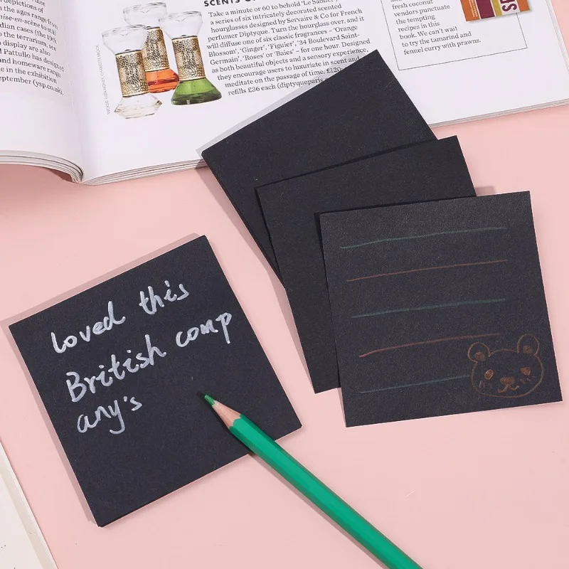 Creative Paper Black Sticky Notes with White Marker Pens Self Adhesive Memo Pad Posted It Notepad for School Office 5