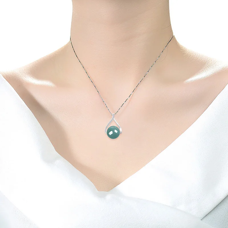 Natural A-grade Jade Blue Water Ball Pendant Glutinous Seed Jadeite S925 Silver Inlaid Fashionable Simple Women's Gifts Jewelry