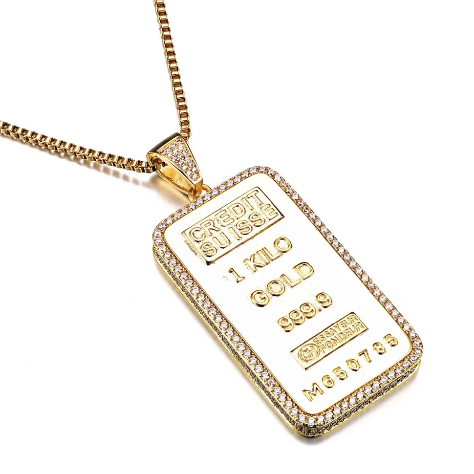 VANAXIN RectangleCoin Credit Suisse Bullion Bar Ingot Badge Pendants Necklace For Men Plated GoldHip Hop Brass Jewelry 3