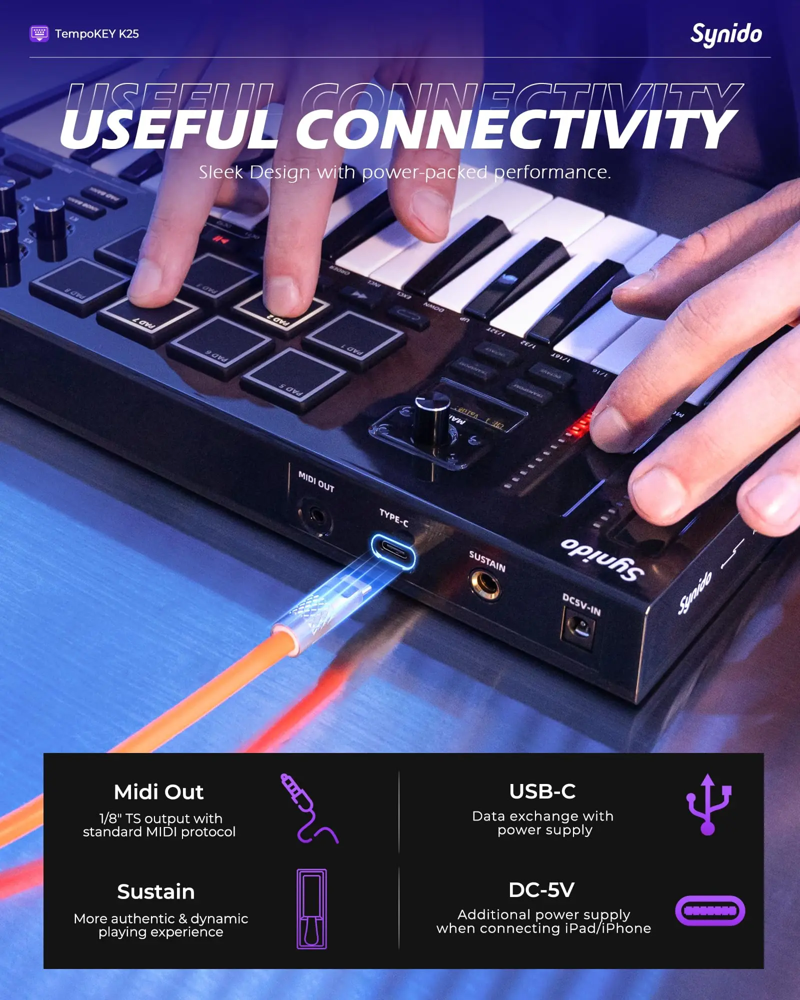Synido Tempokey K25 MIDI Keyboard Band Accompaniment Arranger Portable MIDI Controller