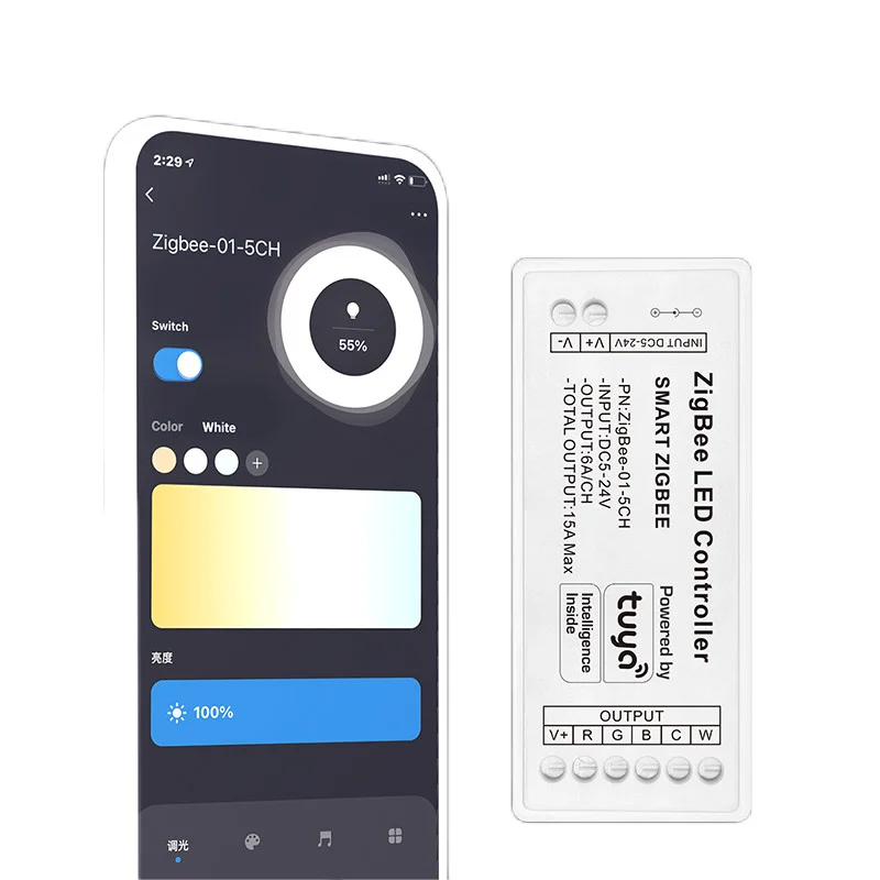 Фото Контроллер Zigbee RGBCCT, 15 А, 5-24 В, 12 В, 180 Вт, Alexa, 5 каналов, RGBWC, RGBCW, цветовая температура, RGB + CCT контроллер светодиодной ленты №2