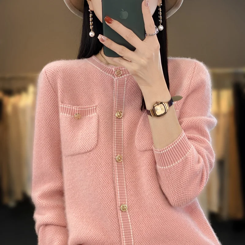 

2023 New Round Neck 100% Wool Cardigan Women's Solid Soft Glutinous Loose Sweater Knitted Cashmere Full sleeved women's coat