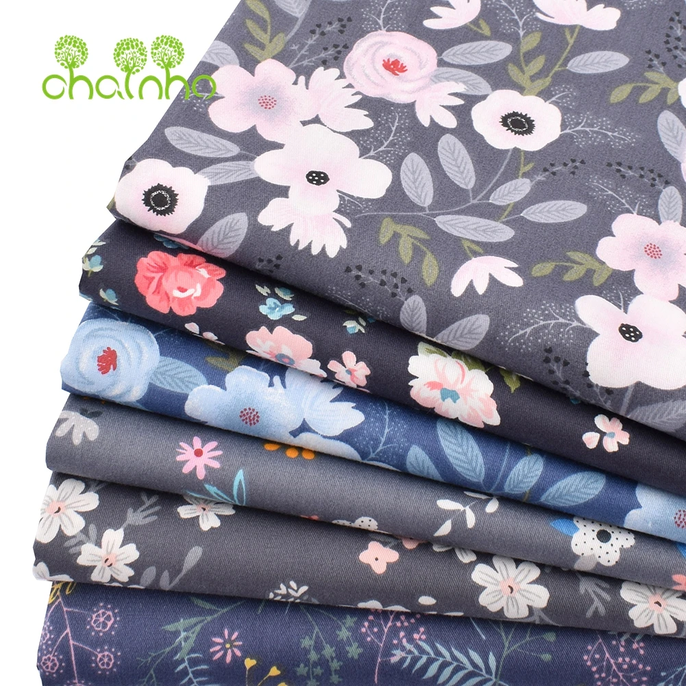 Chainho,Printed Twill Weave Cotton Fabric,DIY Sewing Quilting Material,Patchwork Cloth,Deep Floral Series,2 Specification,CC214