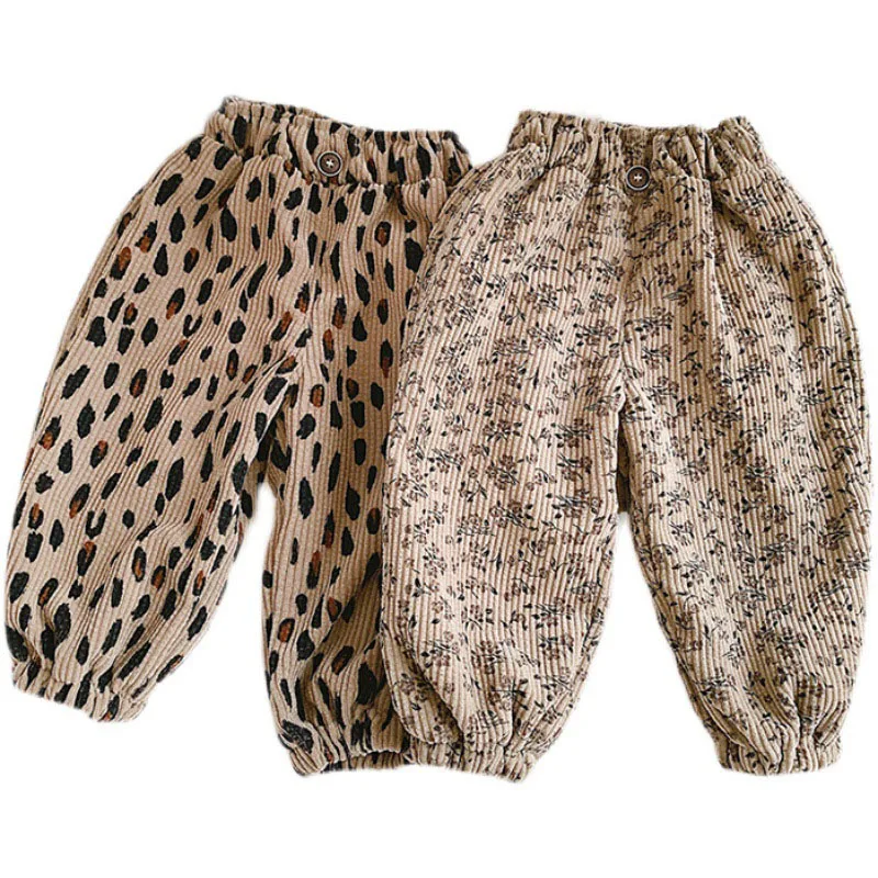 Girls Leopard Print Corduroy Pants for Autumn