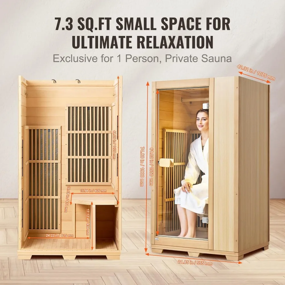 Far Infrared Wooden Sauna, Room Home Sauna Spa for One Person, 1140W Low EMF Far Infrared Hemlock Wood Sauna with Tempered 5