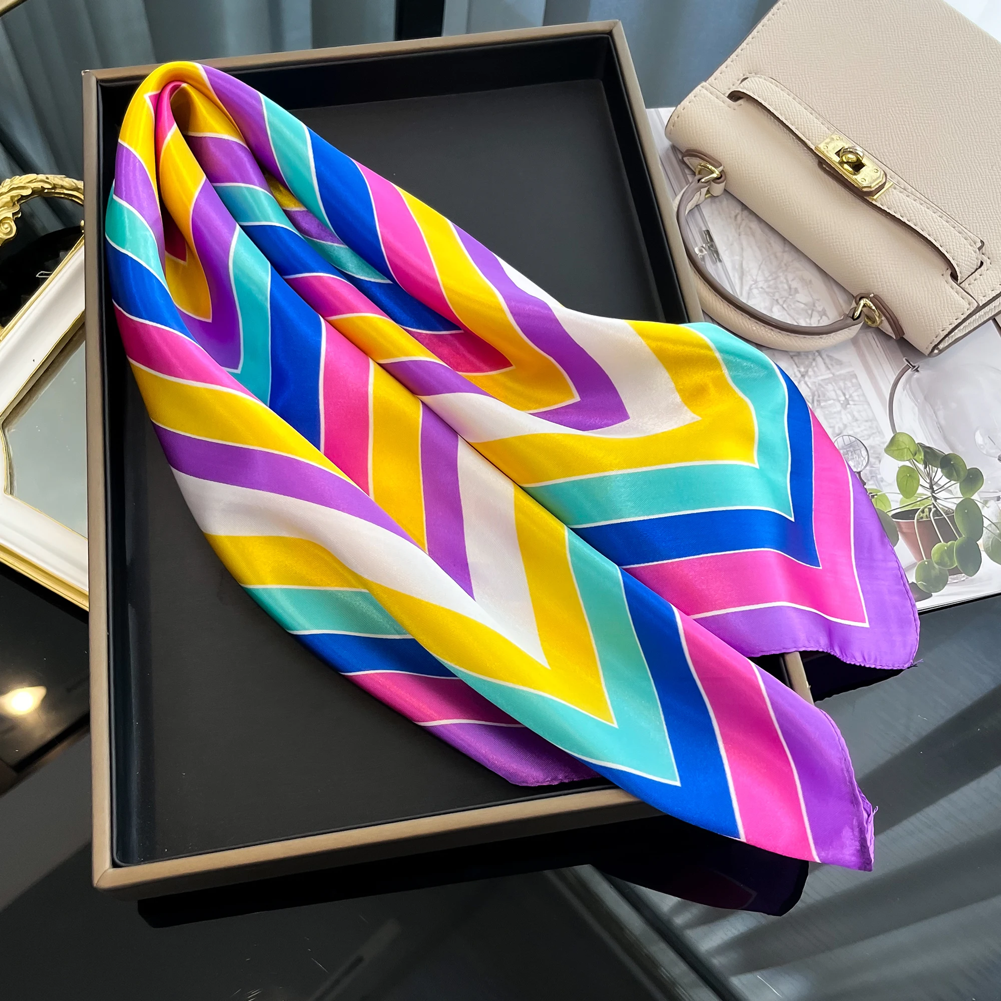 Luxury 2024 Square Silk Scarf for Women Hijab Hair Bands Neckerchief Female Satin Shawl Ribbon Headband Fashion Wraps Bandana 3