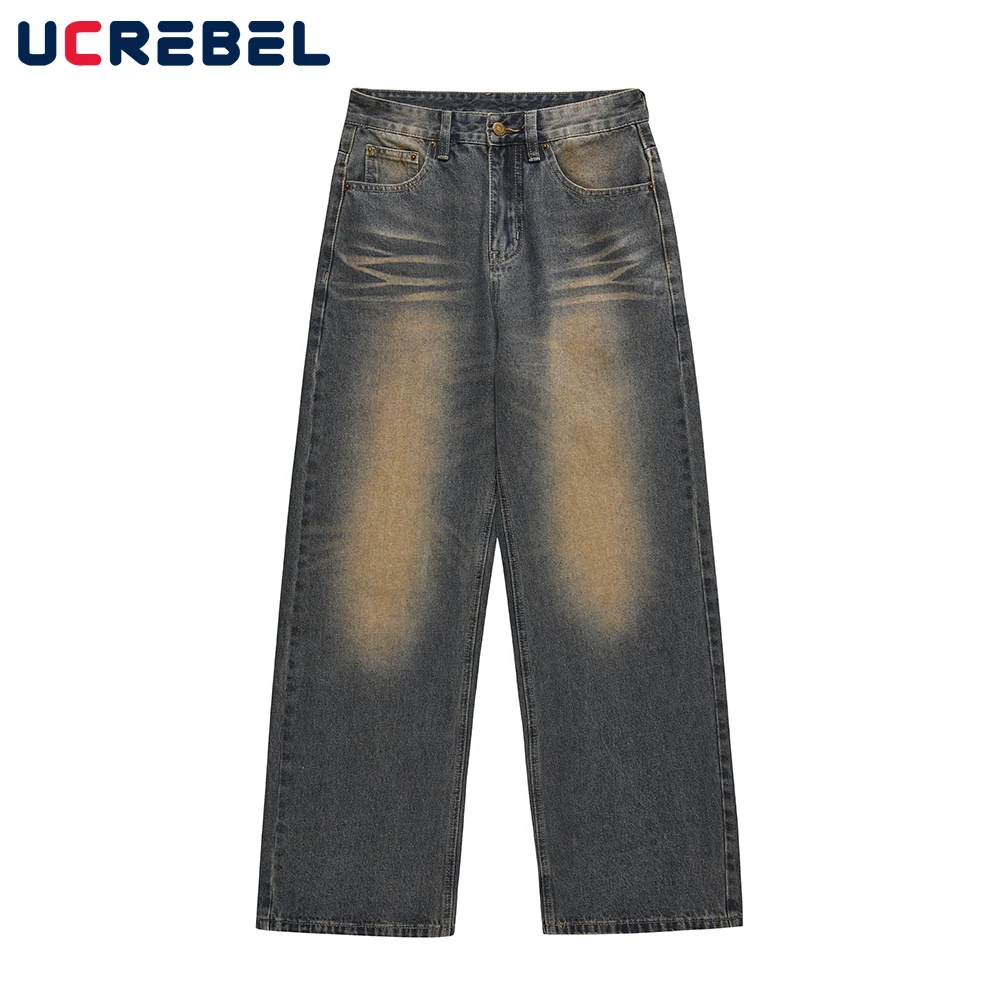 

Streetwear Washed Mud Yellow Jeans Mens High Street Loose Straight-leg Denim Pants Men Wide Leg Trousers
