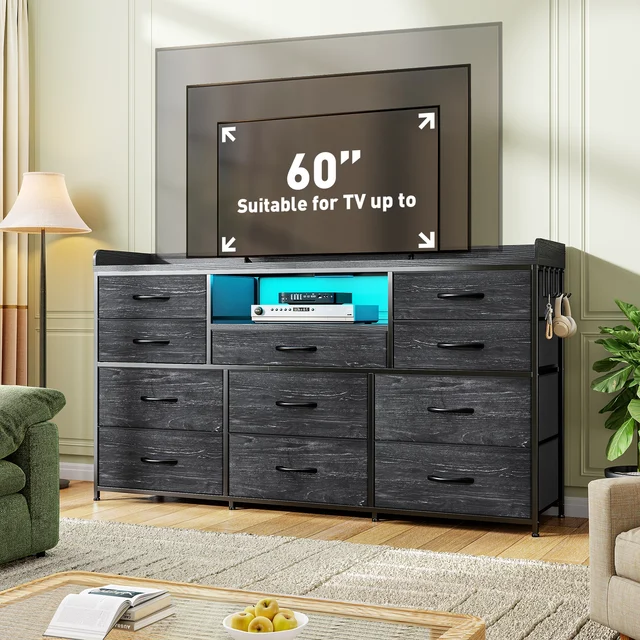 11-Drawer Dresser and TV Stand with LED Lights, Power Outlets, Shelves & Hooks for Dorm or Hallway Use, fit 60 inchs TV