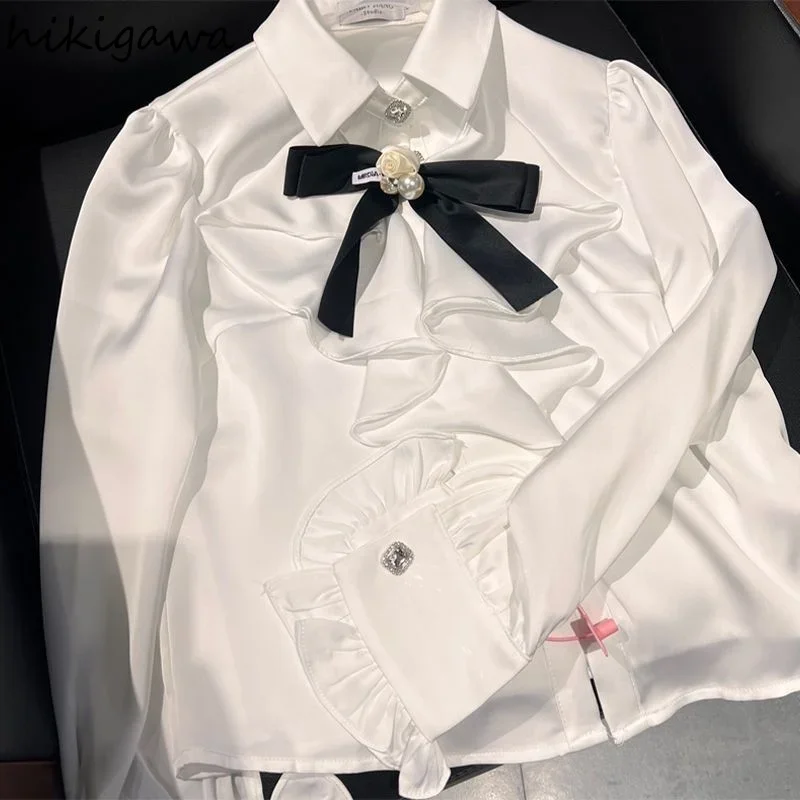흰색 긴 소매 블라우스 여성 빈티지 느슨한 한국 프릴 우아한 셔츠 기질 숙녀 탑 2025 Blusas Mujer De Moda
