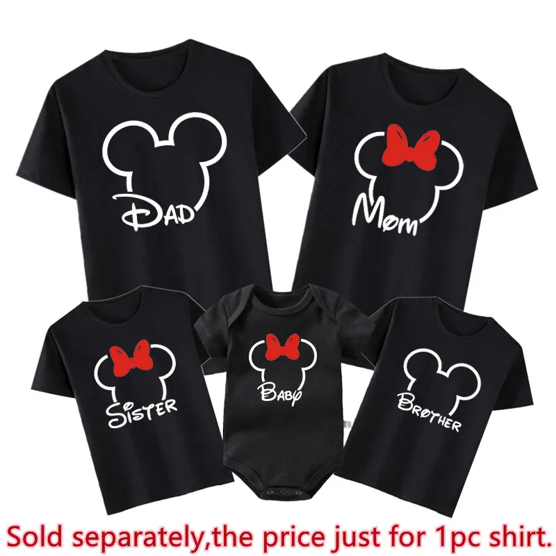 Disney Family Matching T-shirt Mickey and Minnie Head Shirt Cotton Dad Mom Brother Sister Tees Baby Rompers Family Trip Outfits 4