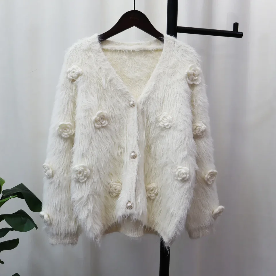 トップス Fur Knitted Cardigan Fur Button Long Sleeve Cardigan Fluffy Top Floral Autumn
