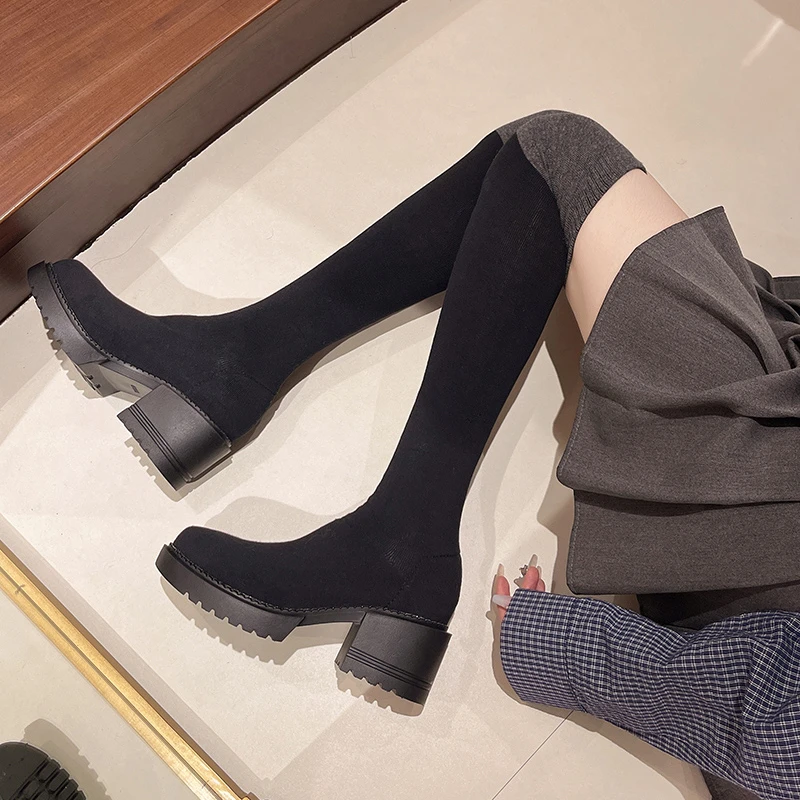 Women's Shoes High Boots Autumn Winter Woman Over-the-knee Long Stocking Elastic Socks New Rock High Heel Round Toe Chunky Black