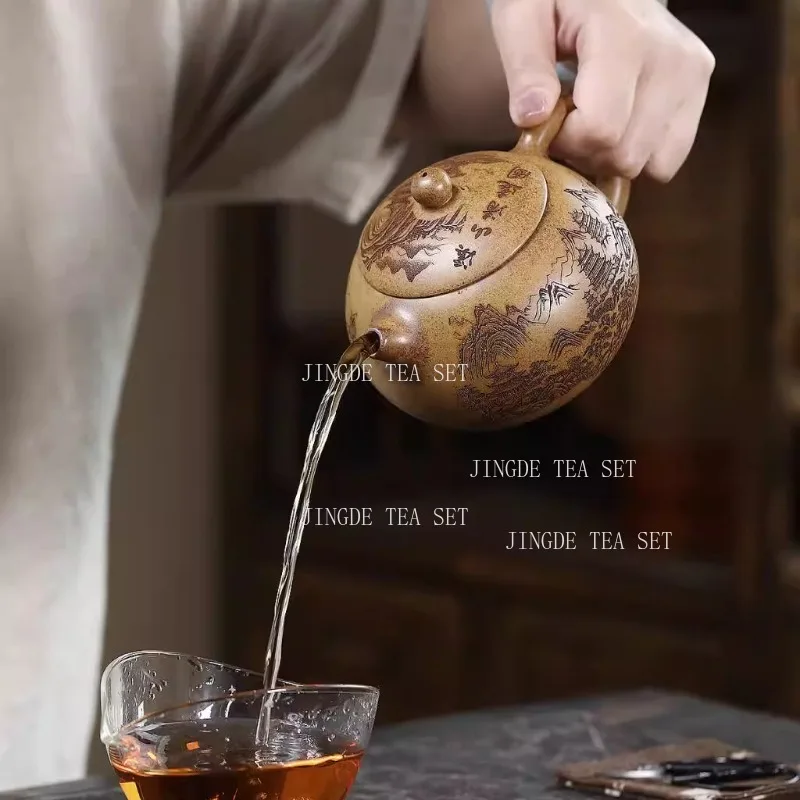 420ml Chinese Yixing Handmade Purple Clay Teapot Hand-carved Landscape Xishi Tea Pot Beauty Kettle Household Zisha Tea Set