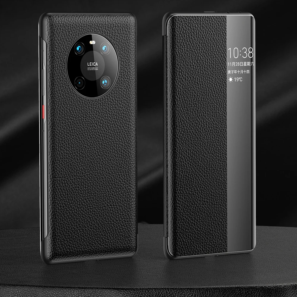 SmartDevil Smart View Flip Cover Leather Phone Case For Huawei Mate 40 Pro + Protector Back Cover With Touch View Litchi Stria waterproof pouch for swimming Cases & Covers
