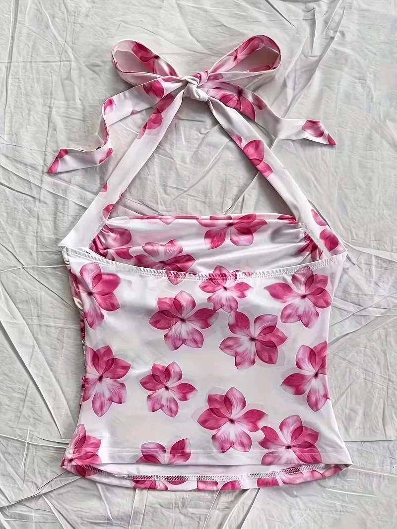 Women's summer short top, pink floral camisole vest, suitable for vacation style girls S77601ff76758466fb9185bbd9ac13c88H