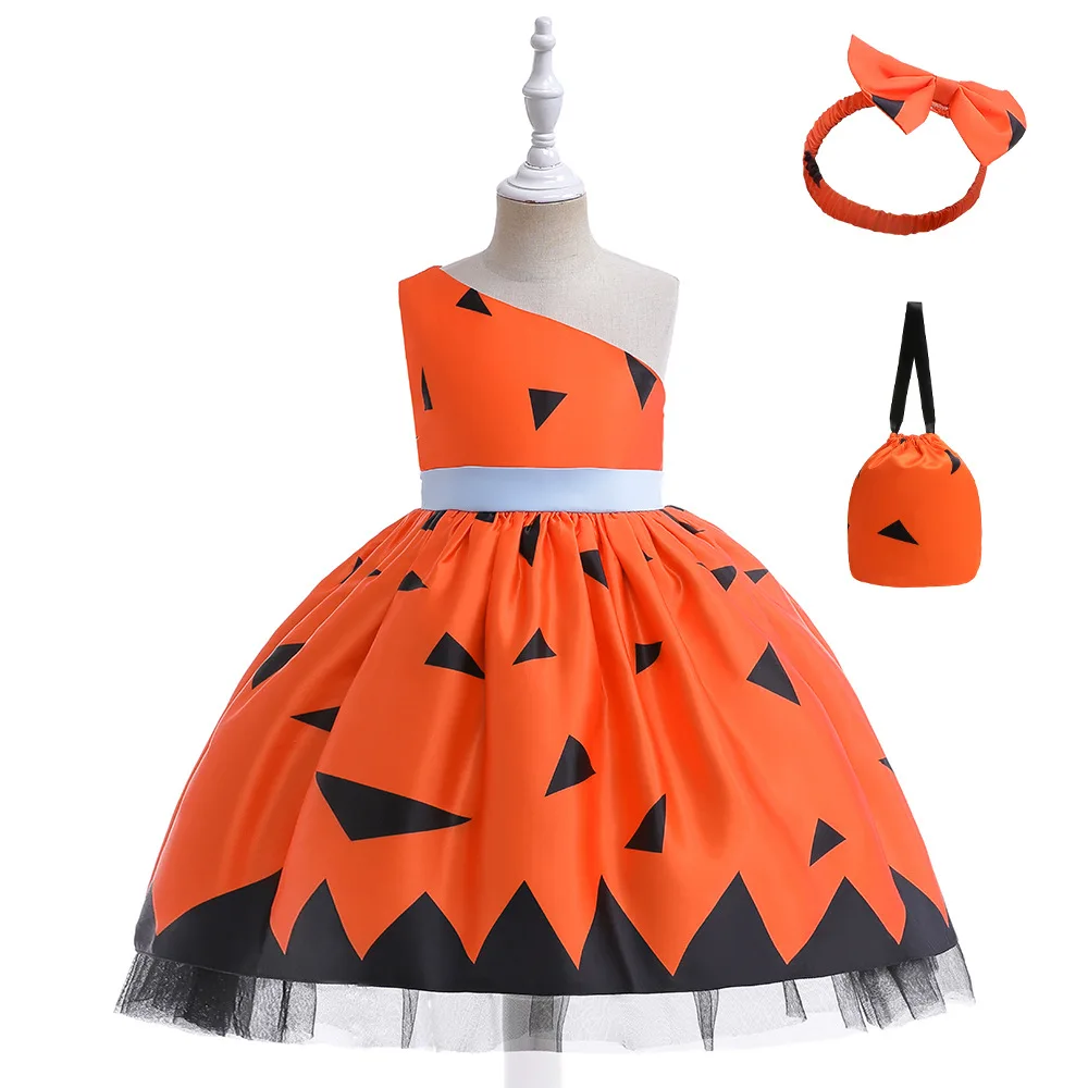 

Girls Halloween Party Dresses 100cm-150cm Children Birthday Dress Wedding Ball Gown Slash Neck Orange Color Vestidos