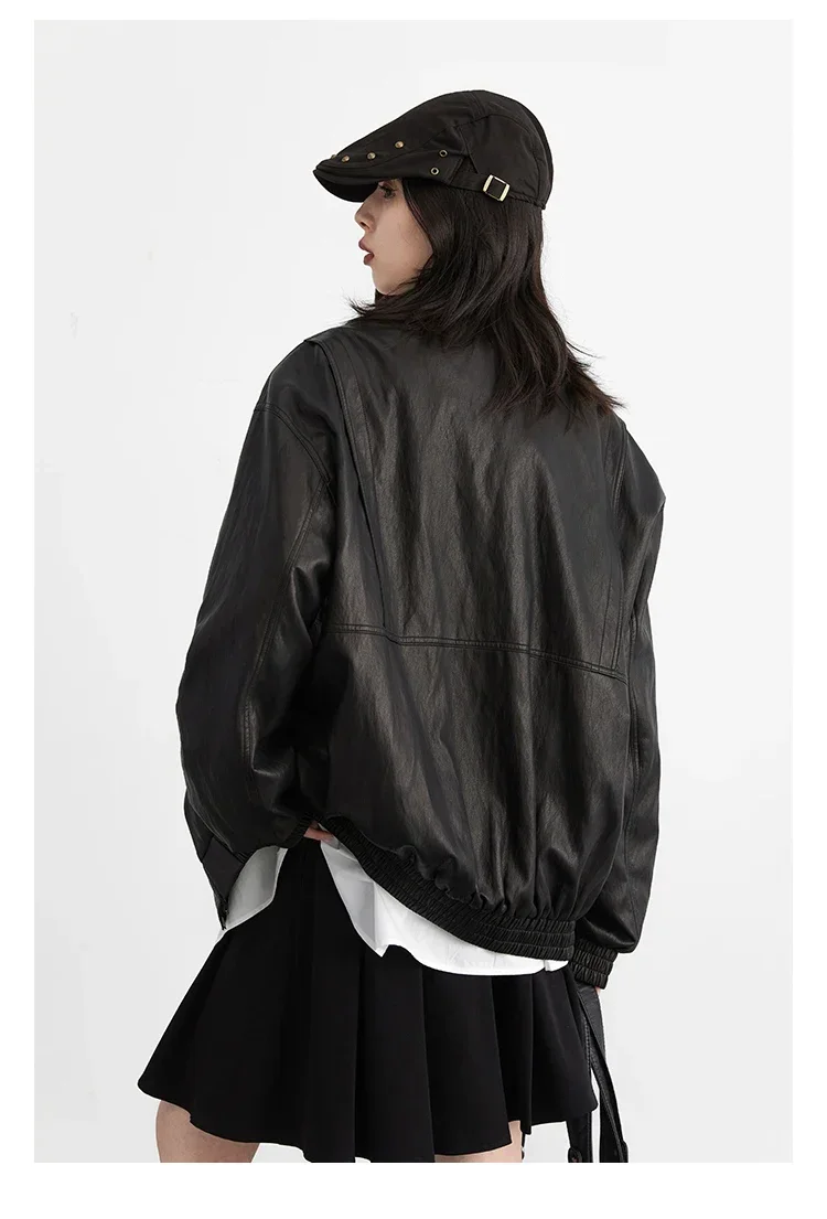 CHIC VEN Women PU Jacket Solid Faux Leather Loose Pleated Texture Female Coat Spring Autumn