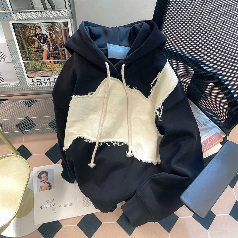 

Harajuku Spring Autumn Color Patchwork Irregular Hoodie Men Women Street Fashion Casual Retro Country Hipster Hiphop Hooded Coat