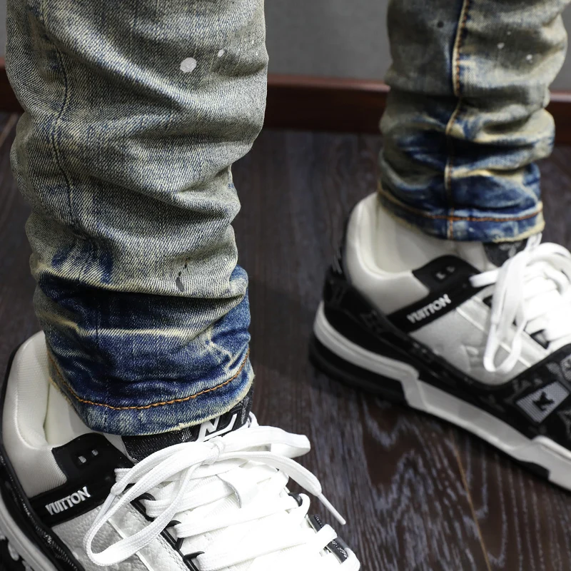 High Street Fashion Men Jeans Retro Washed Blue Stretch Skinny Fit Painted Ripped Jeans Men Patched Designer Hip Hop Brand Pants