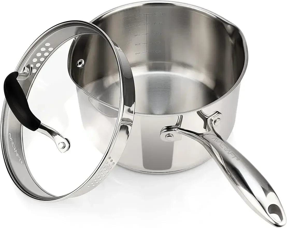 

AVACRAFT Stainless Steel Saucepan with Glass Lid, Strainer Lid, Two Side Spouts for Easy Pour with Ergonomic Handle