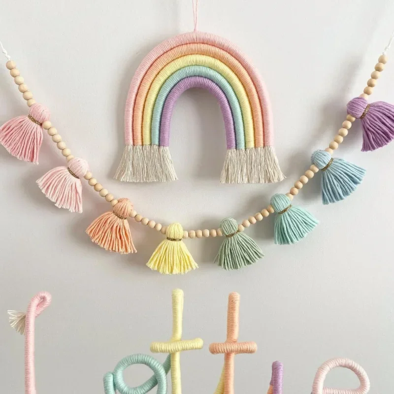 Nordic Wall Hanging Rainbow + Wood ead Tassel Banner Nursery Children's Room Decoration Ornaments  Home Wall Hanging Decor 2
