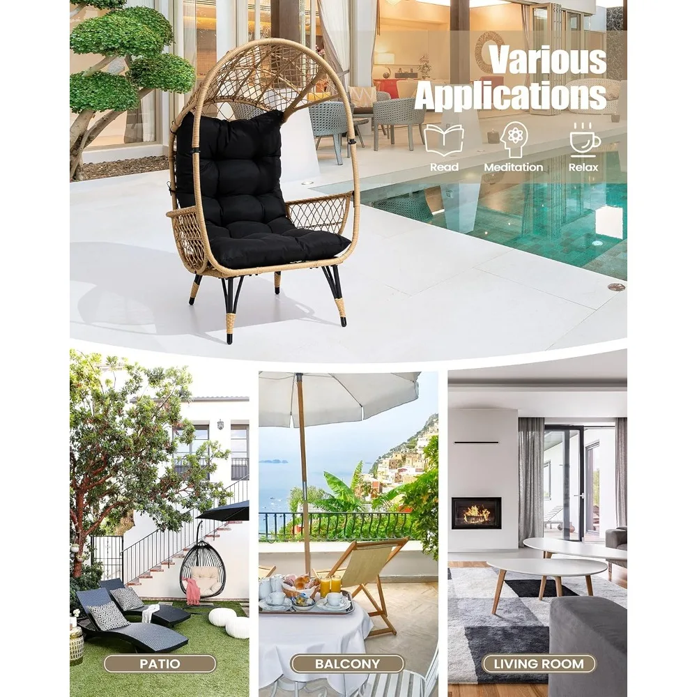 Hand Woven Wicker Egg Chair, Patio Sun Shade Egg Chair with Wide Armrest Allow You to Relax, Strong Metal Frame Lounge Chair w/C 6