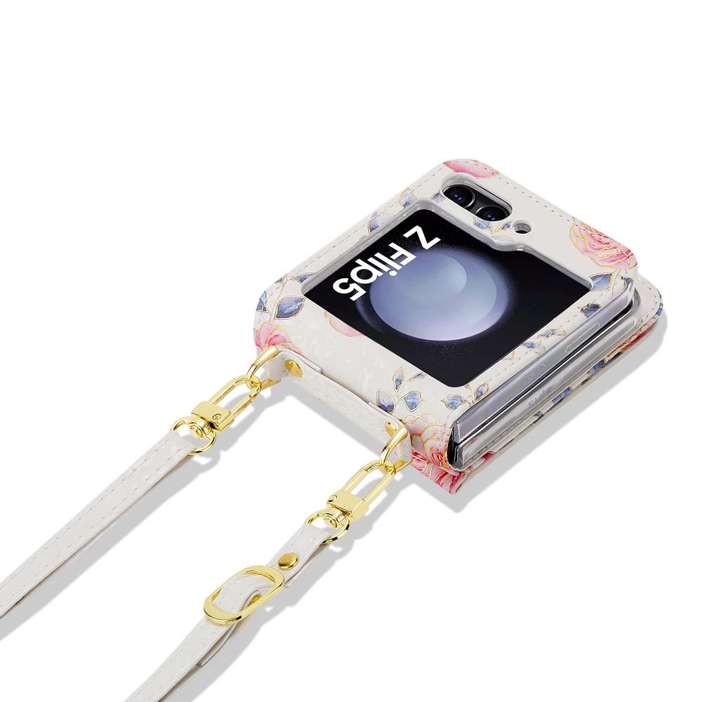 Multi-functional Lanyard Crossbody Bag Rose Phone Case For Samsung Galaxy Z Flip 5 Zipper Cassette Leather Drop Protection Cover