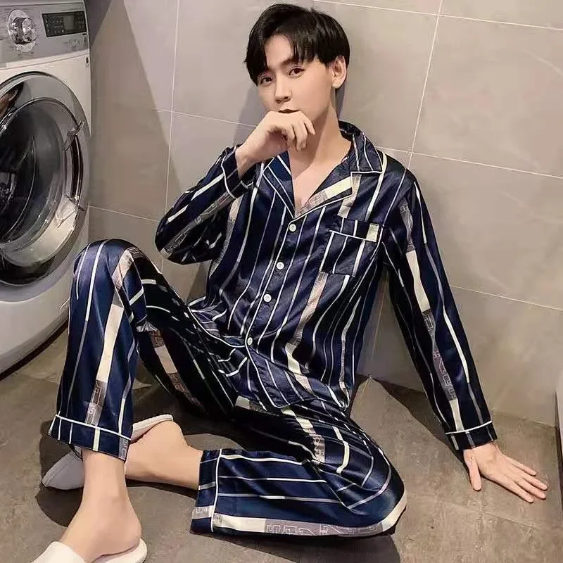 2024 New Men Ice Silk Long Sleeve Spring Autumn Large Thin Premium Striped Leopard Pattern Cardigan V-neck Loose Homewear Suit