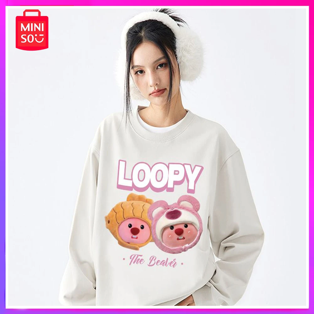 

Miniso Loopy Burger Round Neck Hoodies Long Sleeved Tops Korean Style Loose Cute Versatile and Slimming Couple Christmas Gift