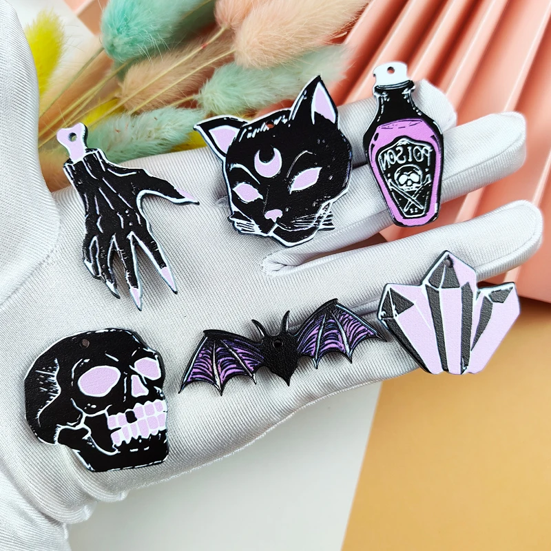 

10pcs/pack Black Punk Witches Crafts Skull Hand Cat Bat Crystal Acrylic Halloween Charms For Jewelry Making Double Sides Pendant