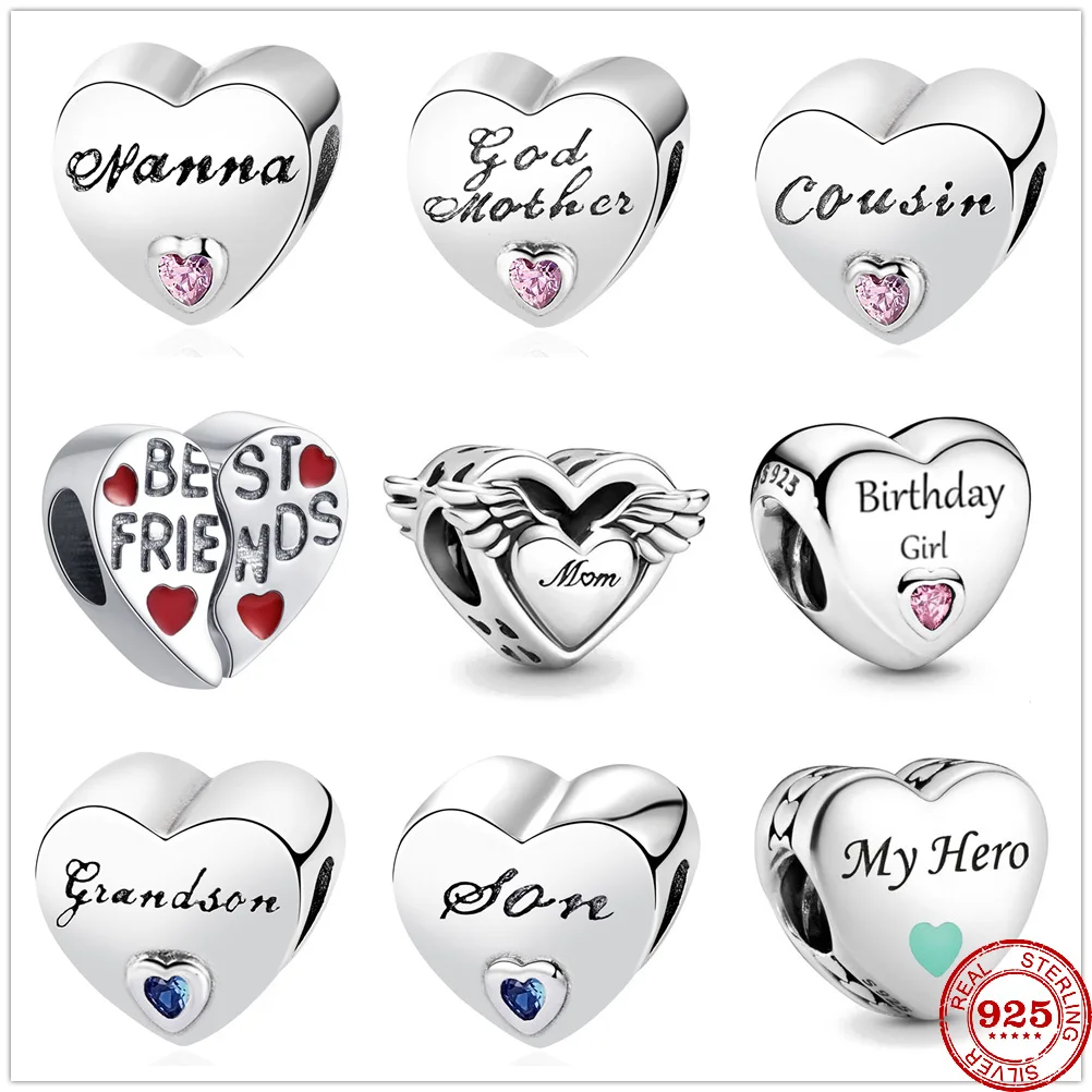 

Heart Shape 925 Sterling Silver Mom Angel Son Birthday Girl Charms Beads Fit Original Pandora Charm Bracelet DIY Women Jewelry