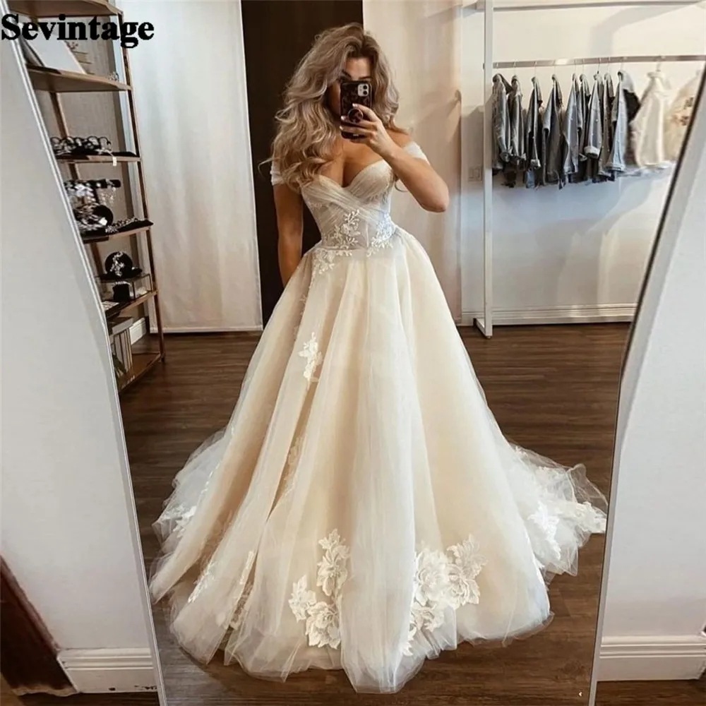 

Sevintage A-Line Ivory Sweetheart Wedding Dress For Women Lace Aplliques Off The Shoulder Ruched Bride White Bridal Gown Vestido