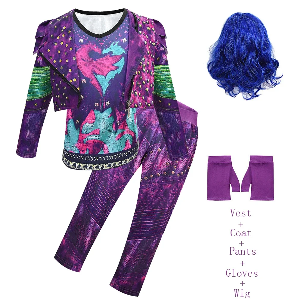 Movie D-Descendants 3 Mal Costume for Kids Girls Cosplay Evie Clothes Fantasia Carnival Halloween Fancy Dress Vest Wig Party Set cosplay costume kids girls dress