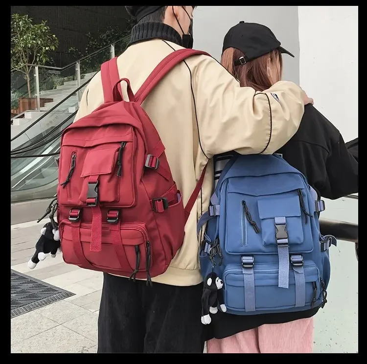 Preppy Style Black Backpack Unisex Women Men Backpack Nylon Waterproof Multi-Pocket Design Mochilas Teenagers Shoulder Bag