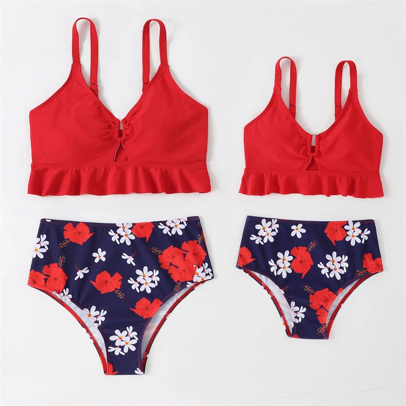 

2pcs Mother Daughter Matching Swimsuits Family Set Flower Mommy and Me Swimwear Ruffled Women Girls Bikini Dresses Clothes