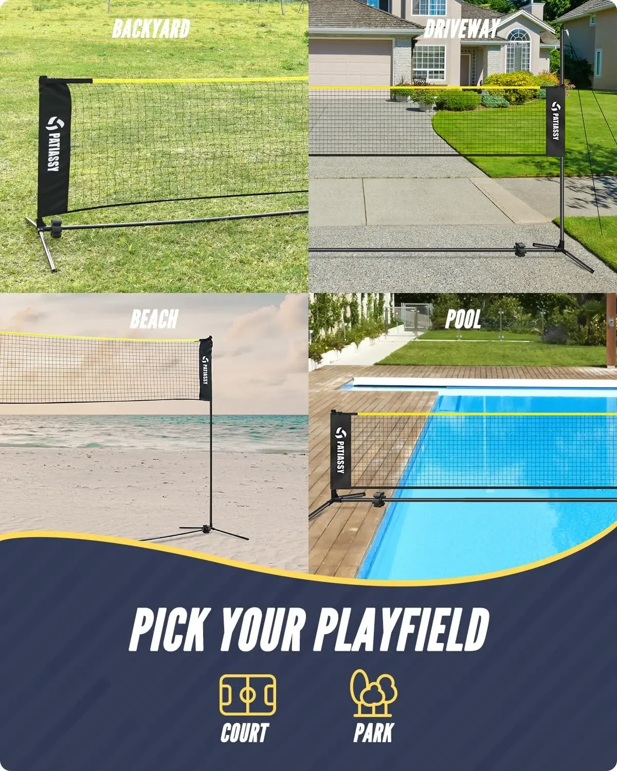 Adjustable Height Volleyball Badminton Pickleball Net Set 17ft Sports Net with Poles, 4 Badminton Rackets, 3 Shuttle